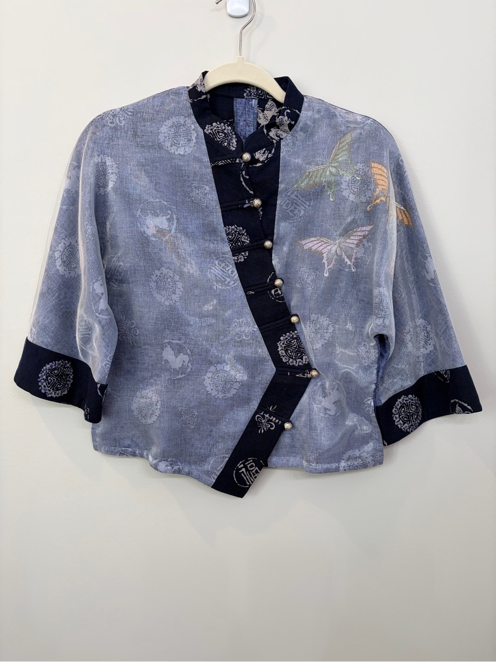 Women Kimono Tang Chinese Blue Kimono Wrap Blouse Butterfly  Button Collared M